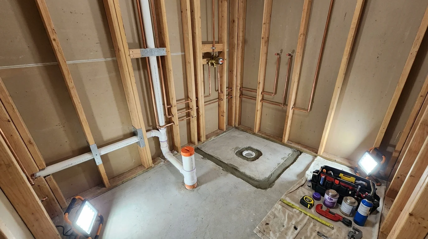 Bathroom rough-in plumbing during remodel by Johns Plumbing LLC in Mexico