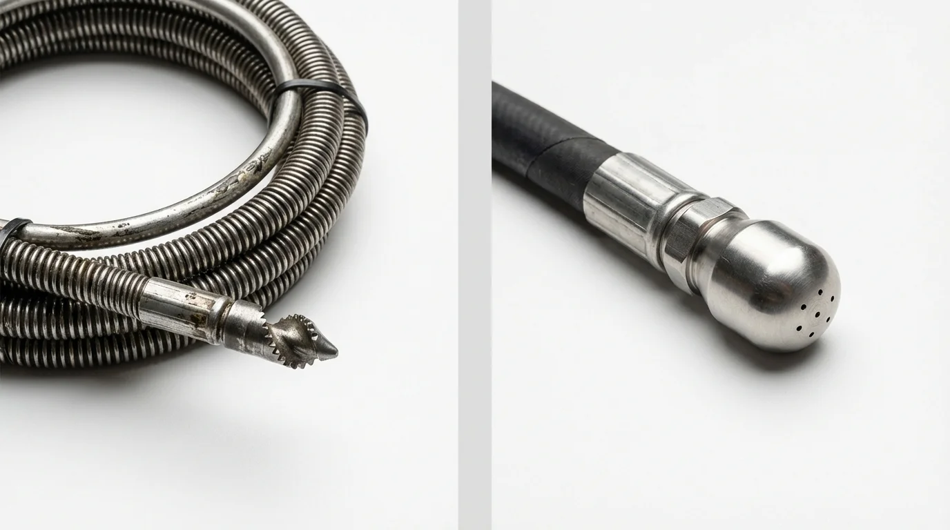 Drain snake cable and hydro jetting nozzle used for drain cleaning in Mexico, ME