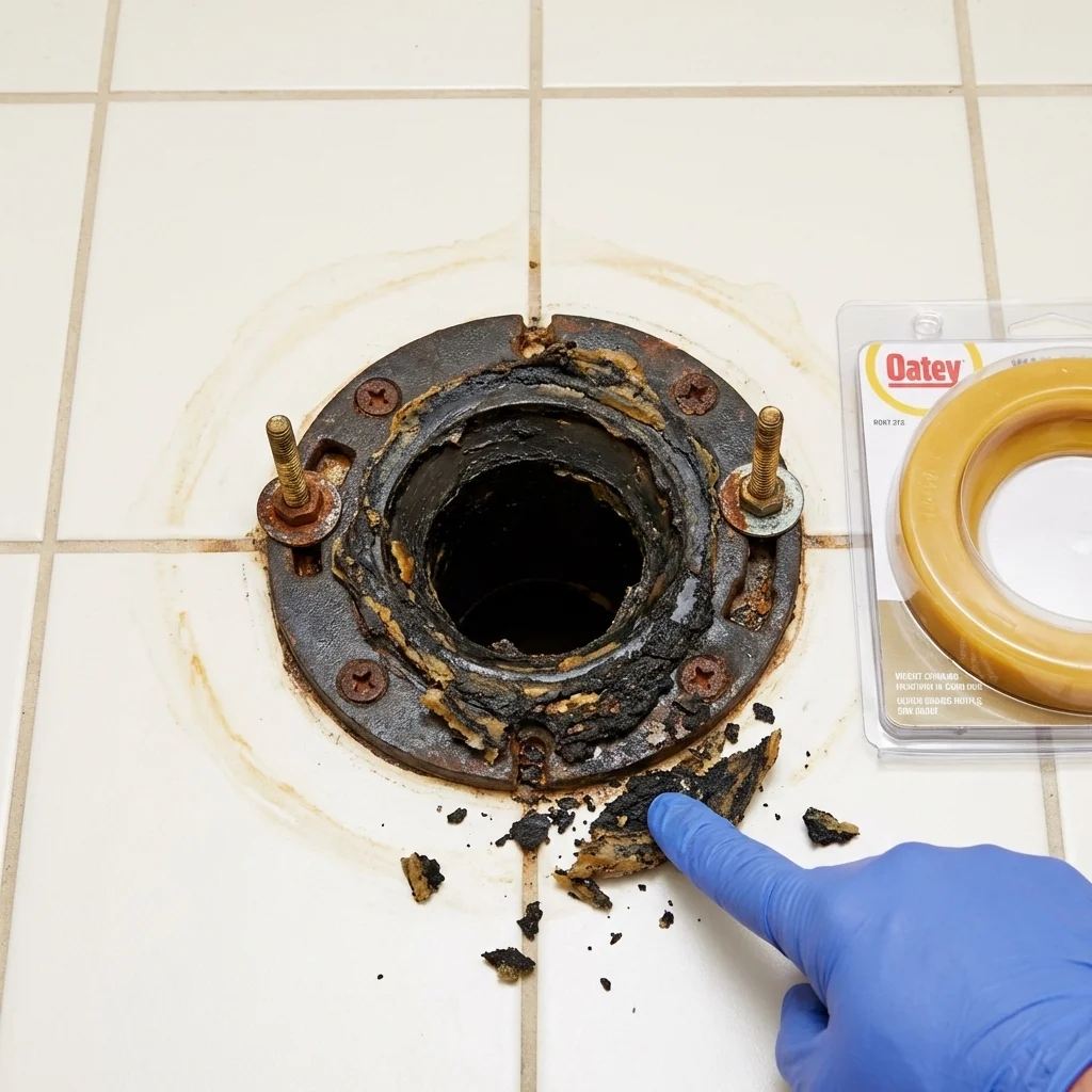 Failed wax ring showing water seepage at the base of a toilet in a Mexico, ME home