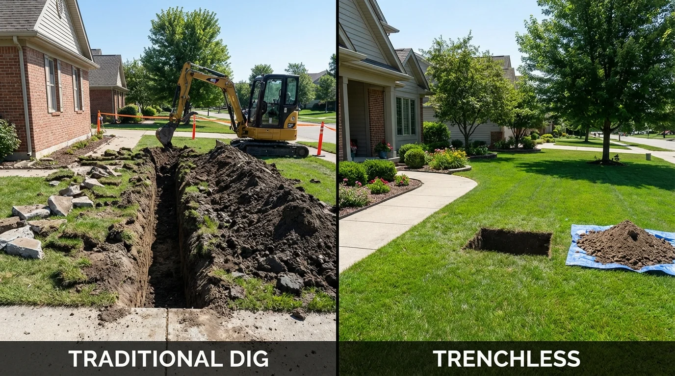 Trenchless sewer repair with minimal yard damage versus traditional excavation in Mexico, ME